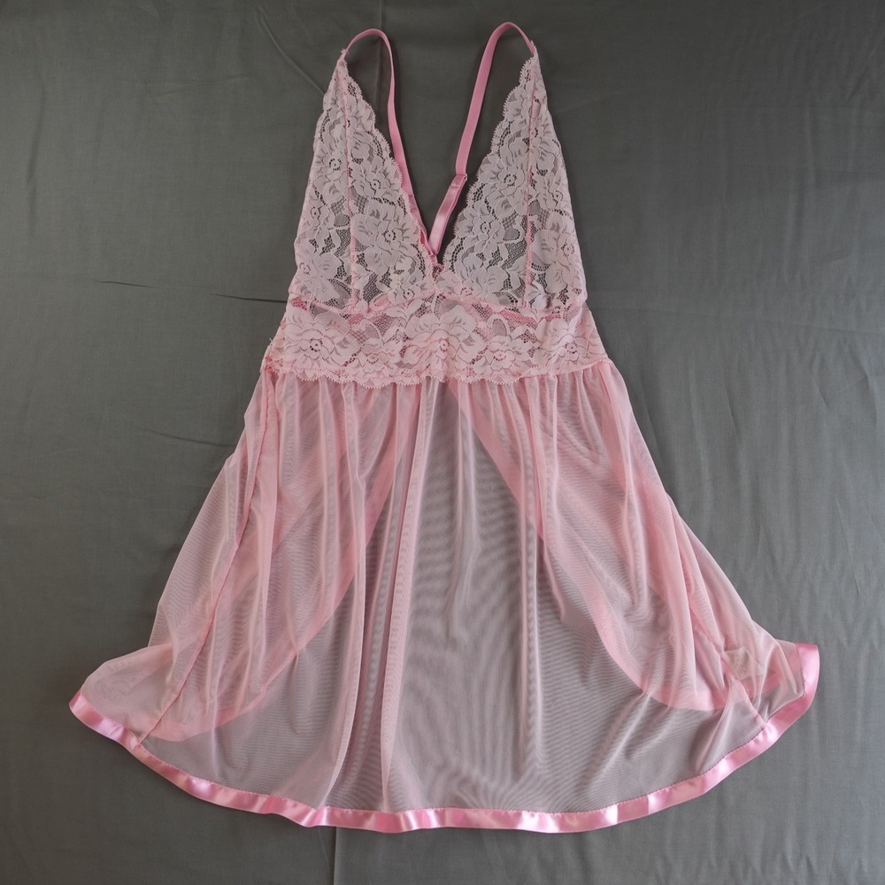 Y2K Babydoll Slip Dress Womens Small Pink‎ Lace Sheer Mesh Chemise Coquette Mini